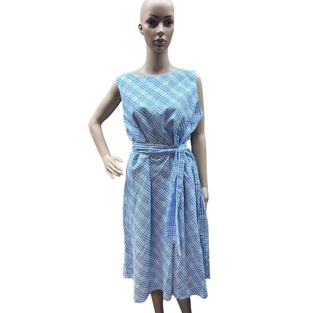 Anna Klein A Line White Blue Seersucker Cotton Career Church Dress Size 16